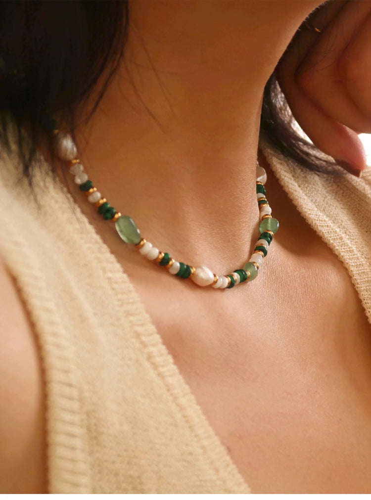 Natural Stone Malachite Pearl Necklace