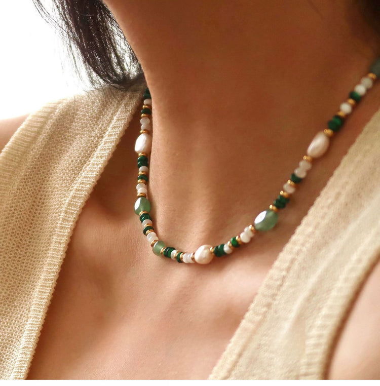 Natural Stone Malachite Pearl Necklace