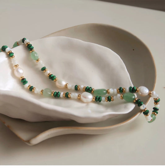 Natural Stone Malachite Pearl Necklace