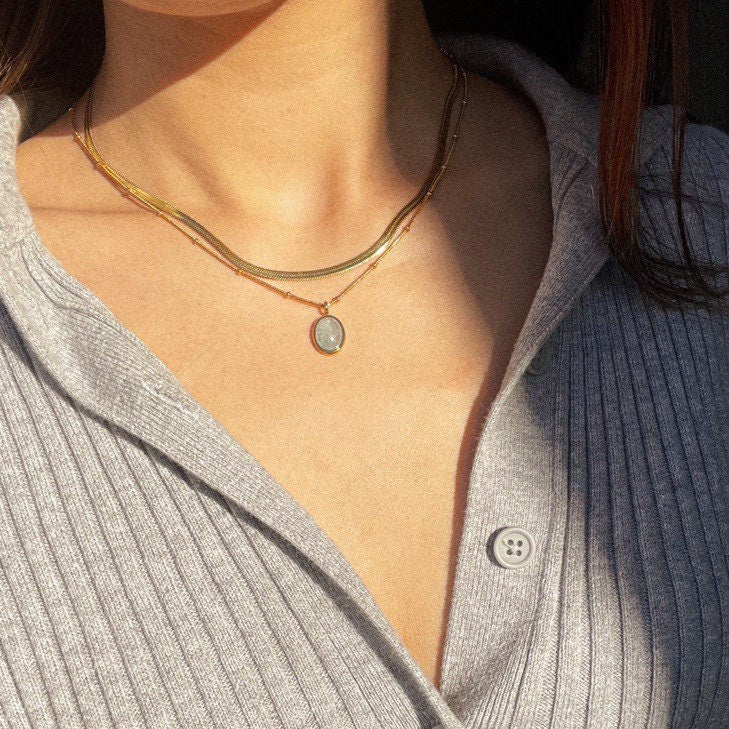 Natural Aquamarine Drop Necklace with Beaded Snake Chain