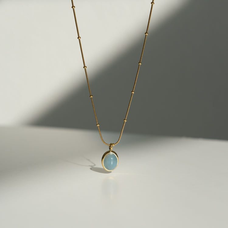 Natural Aquamarine Drop Necklace with Beaded Snake Chain